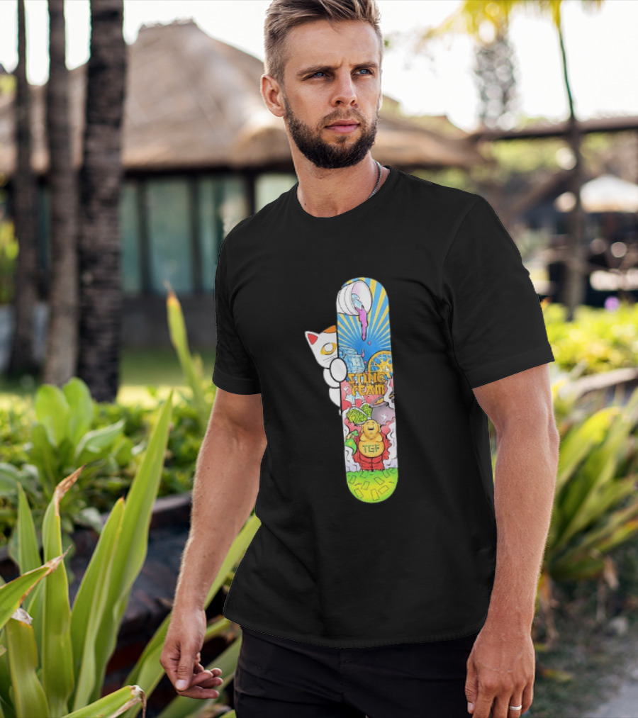 Stinc Team TGF Buddha Cat With Skateboard And Dripping Paint Aesthetic T-Shirt
