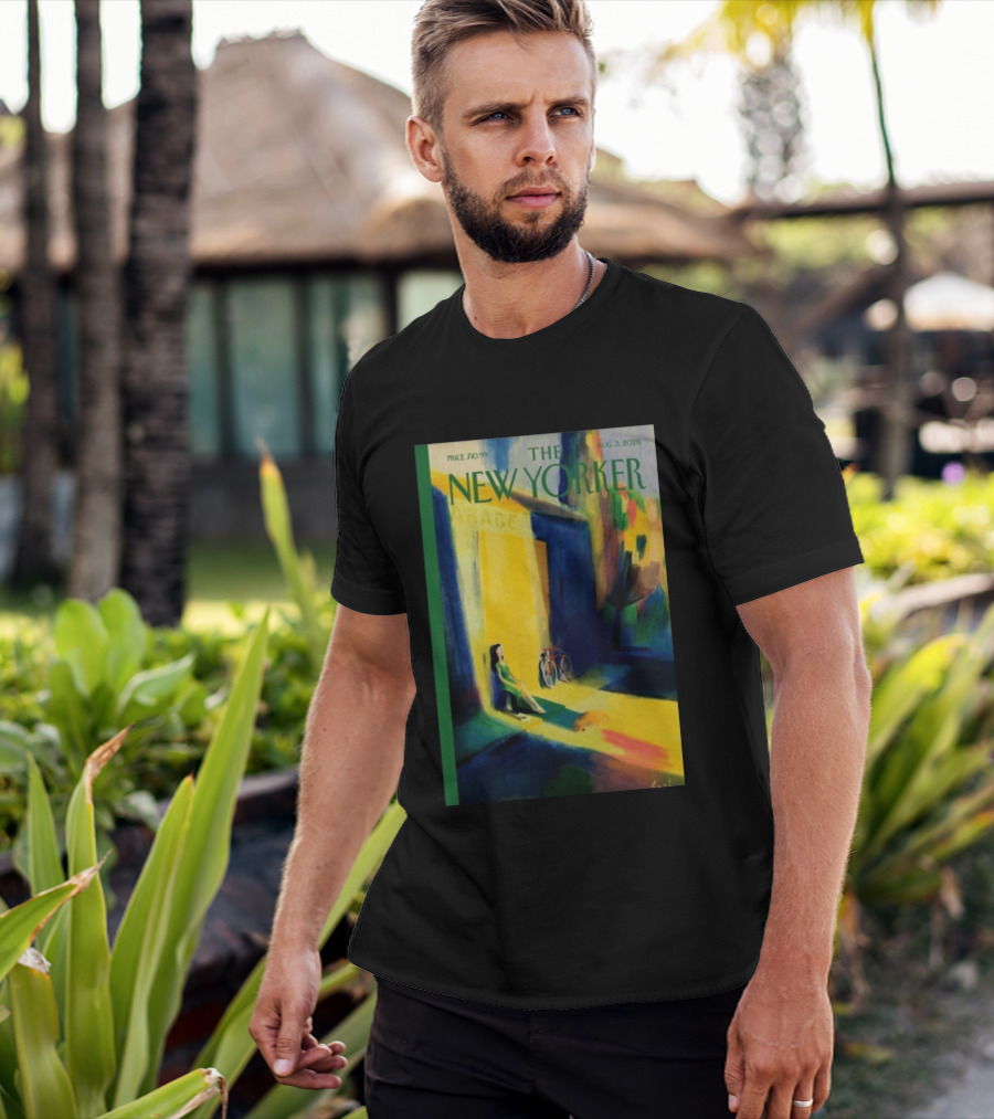 The New Yorker August 3 2026 Pierre Emmanuel Lyet Cover Art Female Figure With Bicycle In Vibrant Alley Scene T-Shirt