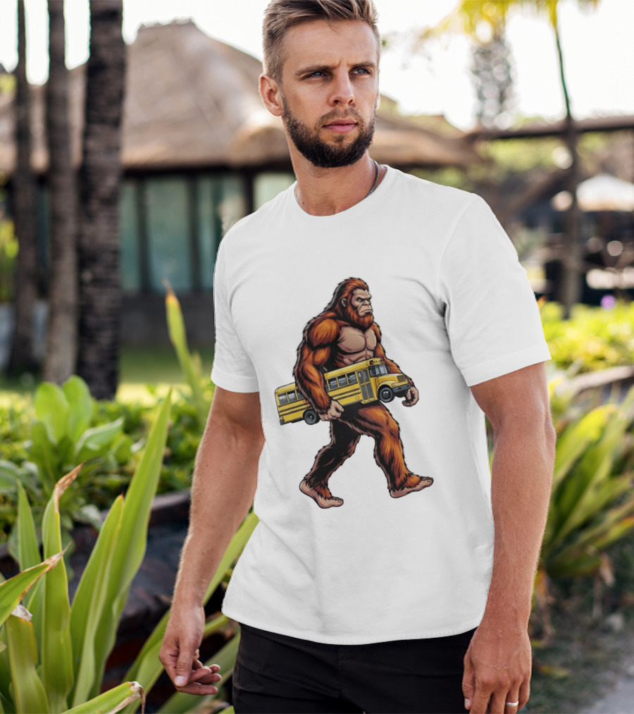 Bigfoot Sasquatch Carrying Yellow School Bus T-Shirt