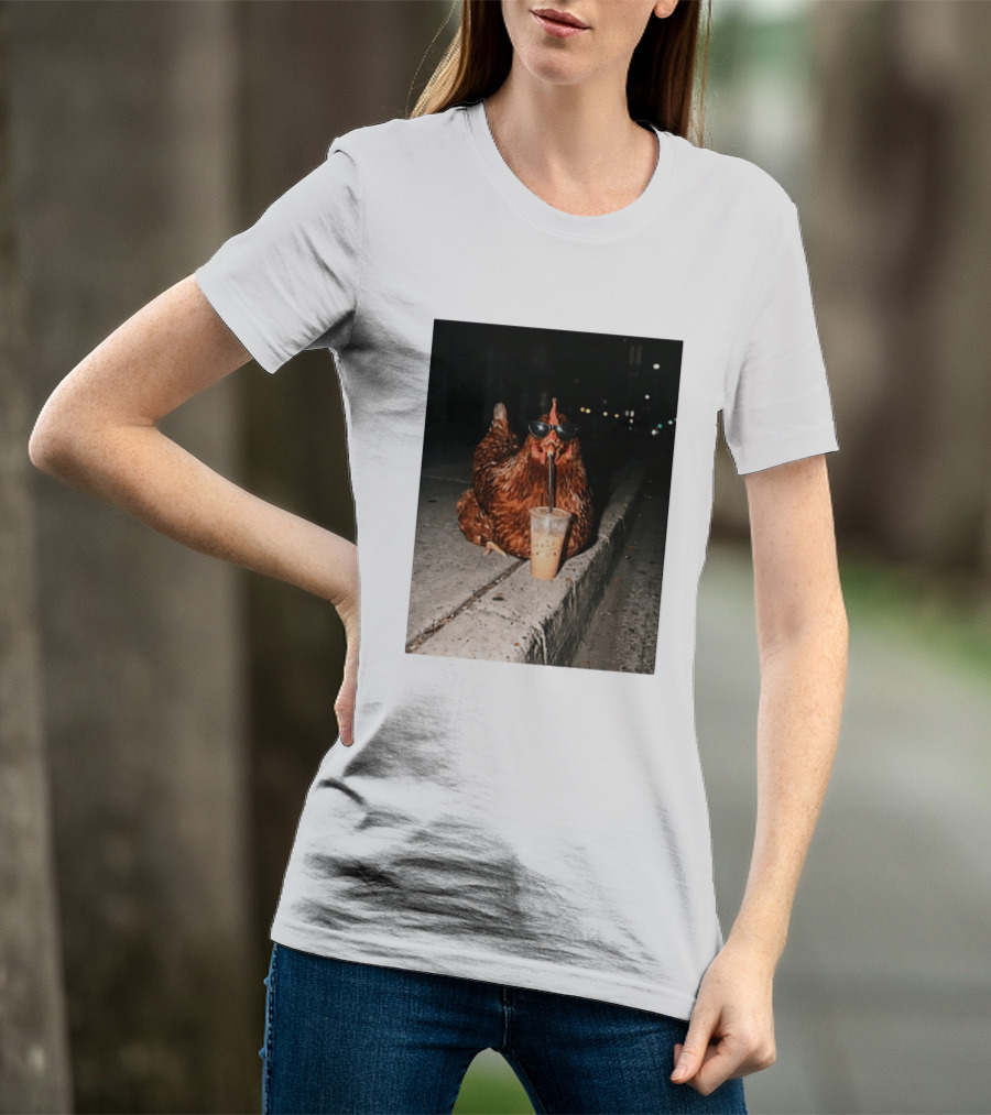 Chicken Wearing Sunglasses Drinking Iced Coffee At Night T-Shirt