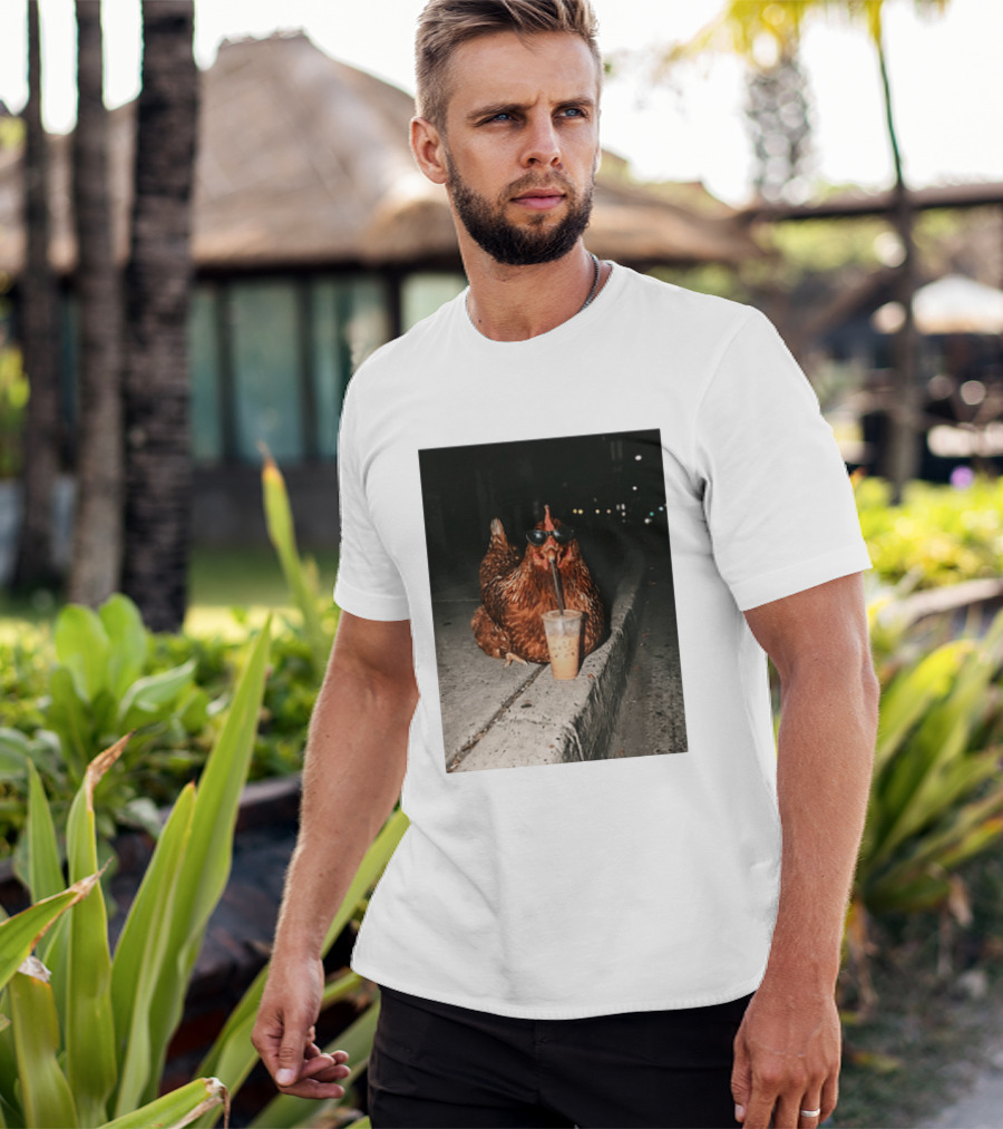 Chicken Wearing Sunglasses Drinking Iced Coffee At Night T-Shirt
