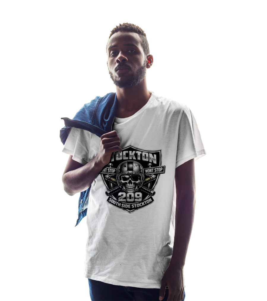 Stockton 209 Cant Stop Wont Stop South Side Stockton Skull Helmet Crossed Bats T-Shirt