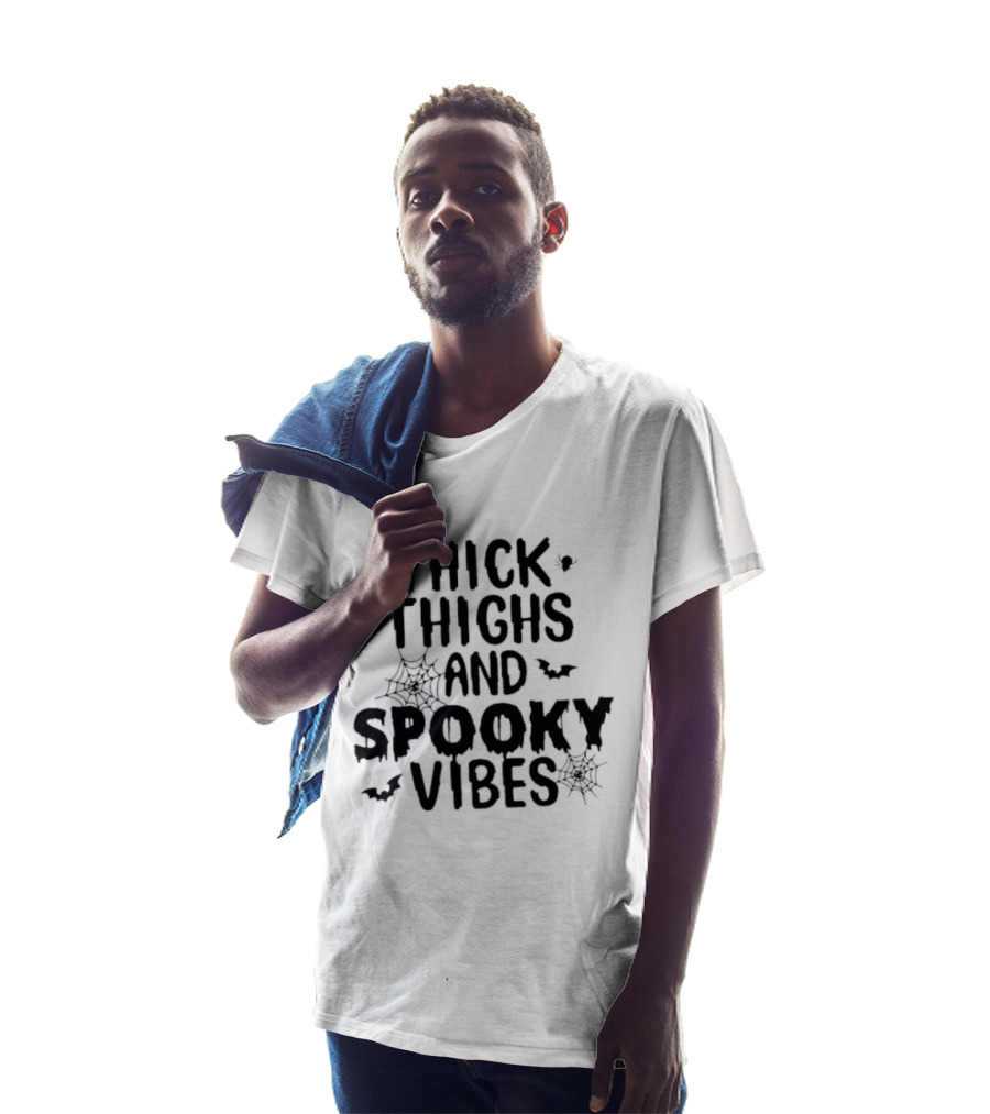 Thick Thighs And Spooky Vibes Halloween 2025 Cartoon With Bats And Spiderwebs T-Shirt