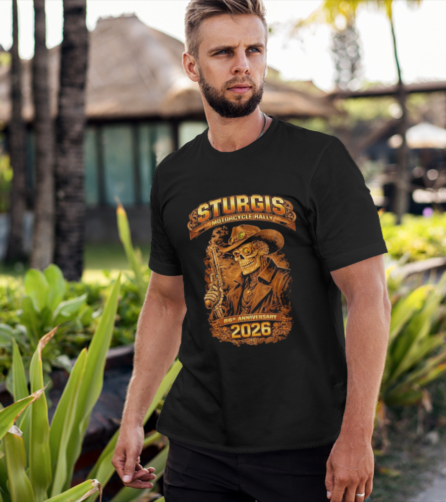 Sturgis Motorcycle Rally 2026 86th Anniversary Steampunk Cowboy Skull T-Shirt