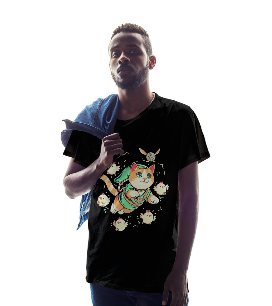 Fantasy Adventurer Cat In Green Tunic With Chickens And Yarn Ball T-Shirt
