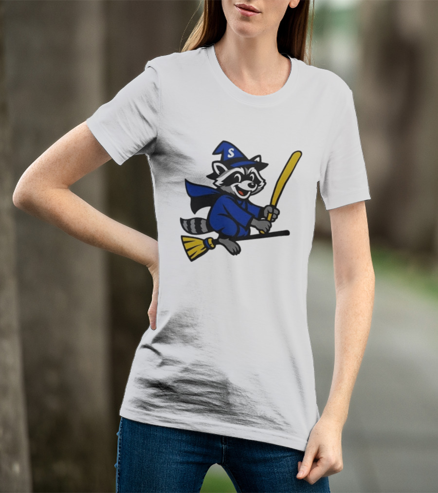 Seattle Mariners Jimothy The Etsy Witch Raccoon Flying Broomstick T-Shirt