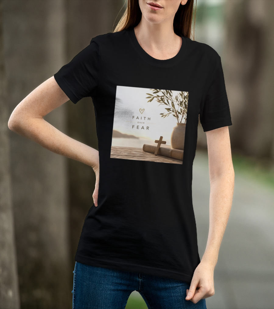 Faith Over Fear Christian Cross Heart With Bible And Olive Branches T-Shirt
