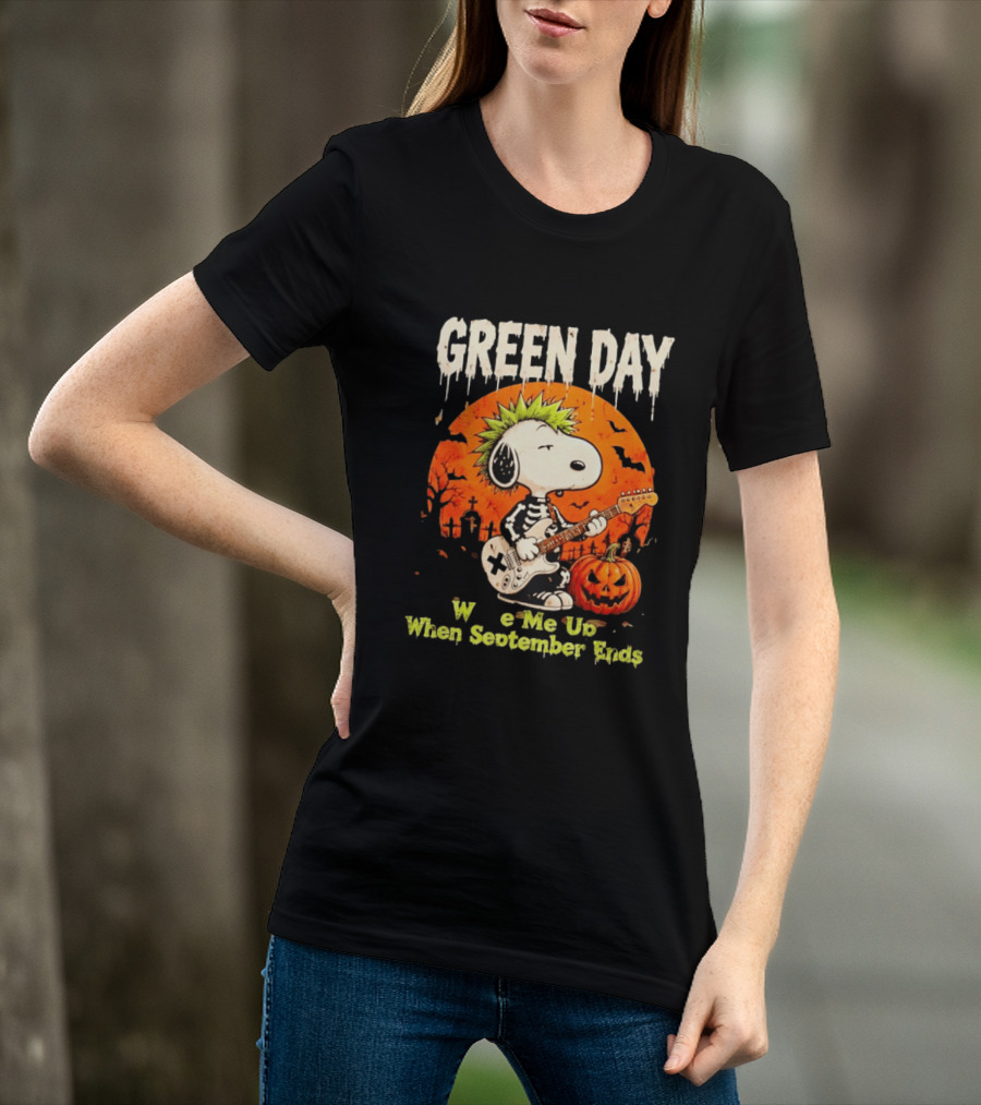 Green Day Snoopy Skeleton Guitar Wake Me Up When September Ends Halloween Pumpkin T-Shirt