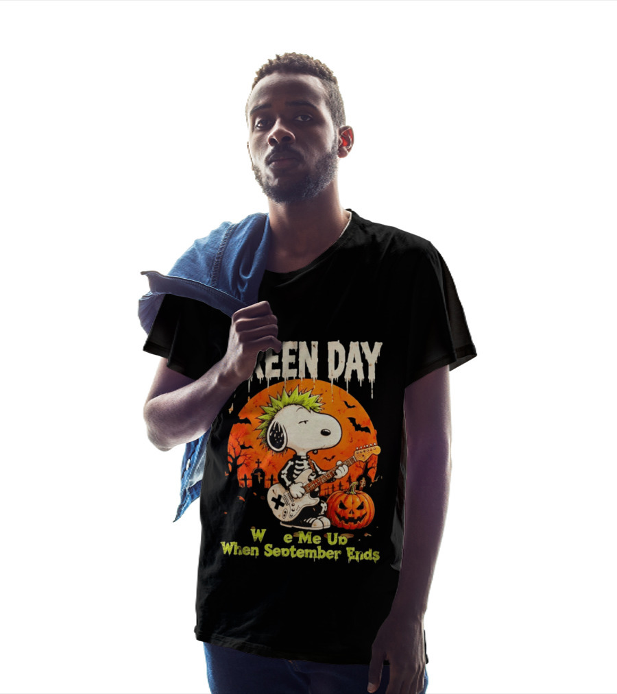 Green Day Snoopy Skeleton Guitar Wake Me Up When September Ends Halloween Pumpkin T-Shirt