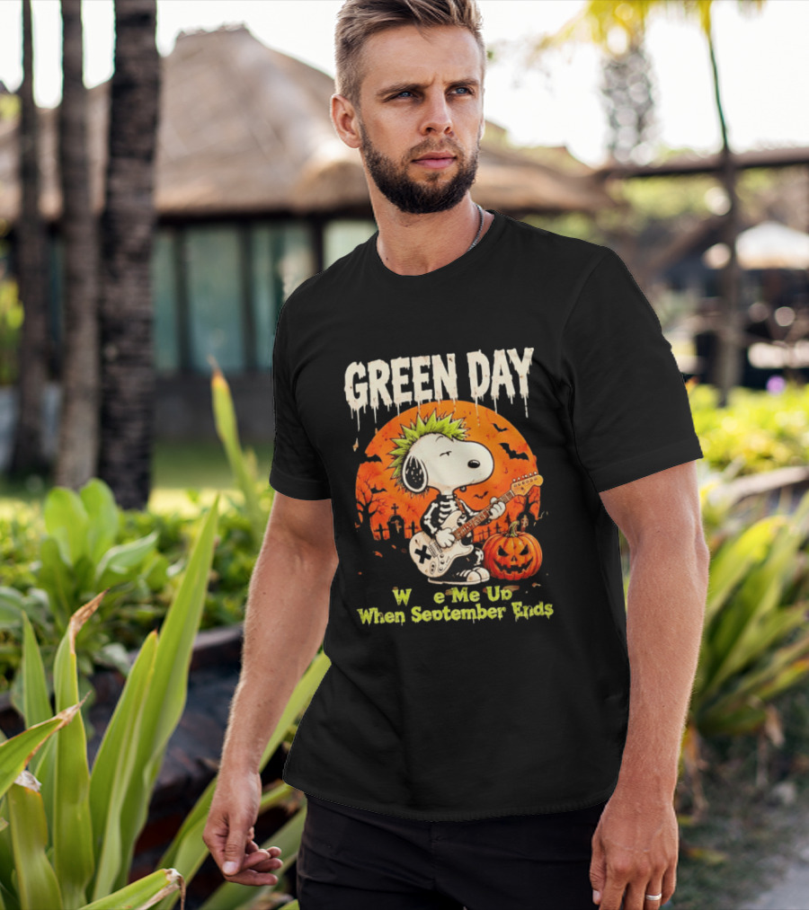 Green Day Snoopy Skeleton Guitar Wake Me Up When September Ends Halloween Pumpkin T-Shirt