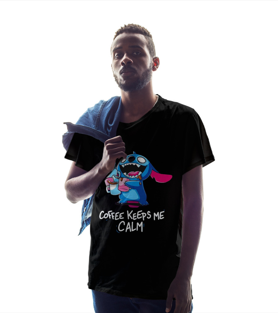 Stitch Coffee Keeps Me Calm Cute Character Drinking Coffee T-Shirt