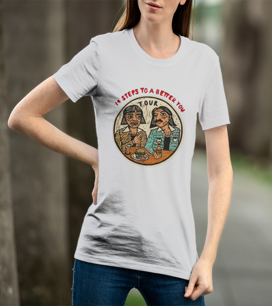 14 Steps To A Better You Tour Oval Illustration With Two Seated Individuals T-Shirt