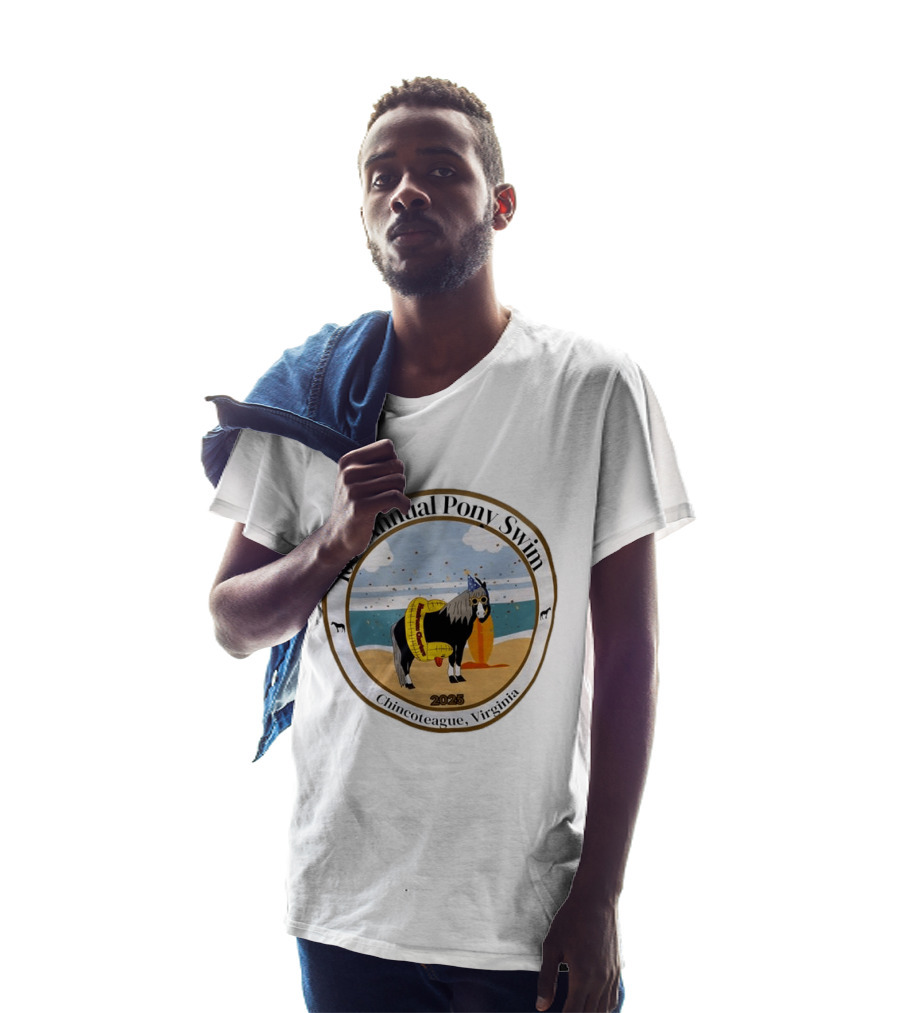 100th Annual Pony Swim Chincoteague Virginia 2025 Beach Scene With Pony And Surfboard T-Shirt