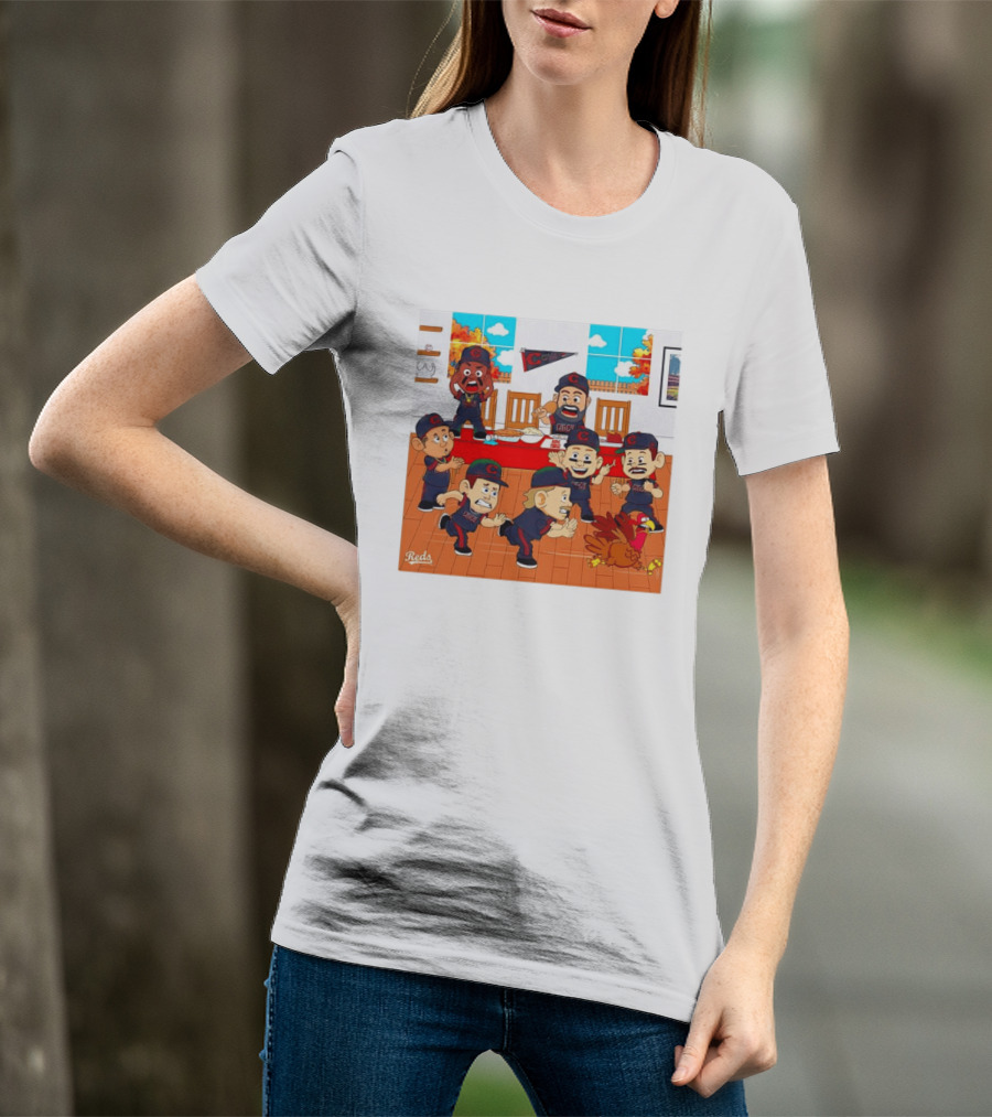 Cincinnati Reds Thanksgiving Chaos Cartoon Scene With Characters And Turkey T-Shirt