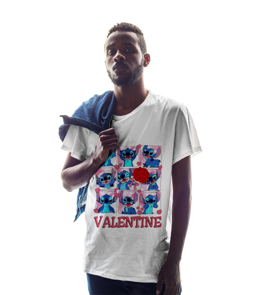 Disney Stitch Rose Flowers Valentine Love Hearts Happy Day T-Shirt