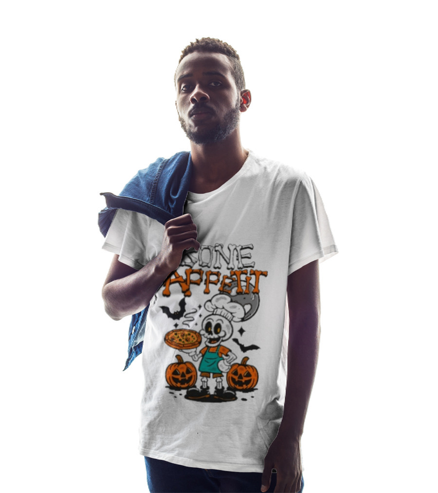 Bone Appetit Skeleton Chef Halloween Pizza Pumpkin Bats T-Shirt