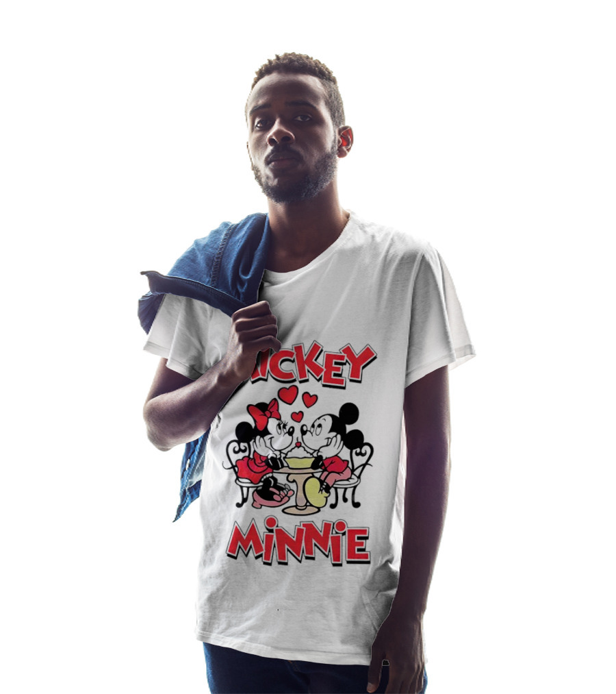 Mickey Minnie Romantic Valentine's Day Hearts And Cafe Scene T-Shirt