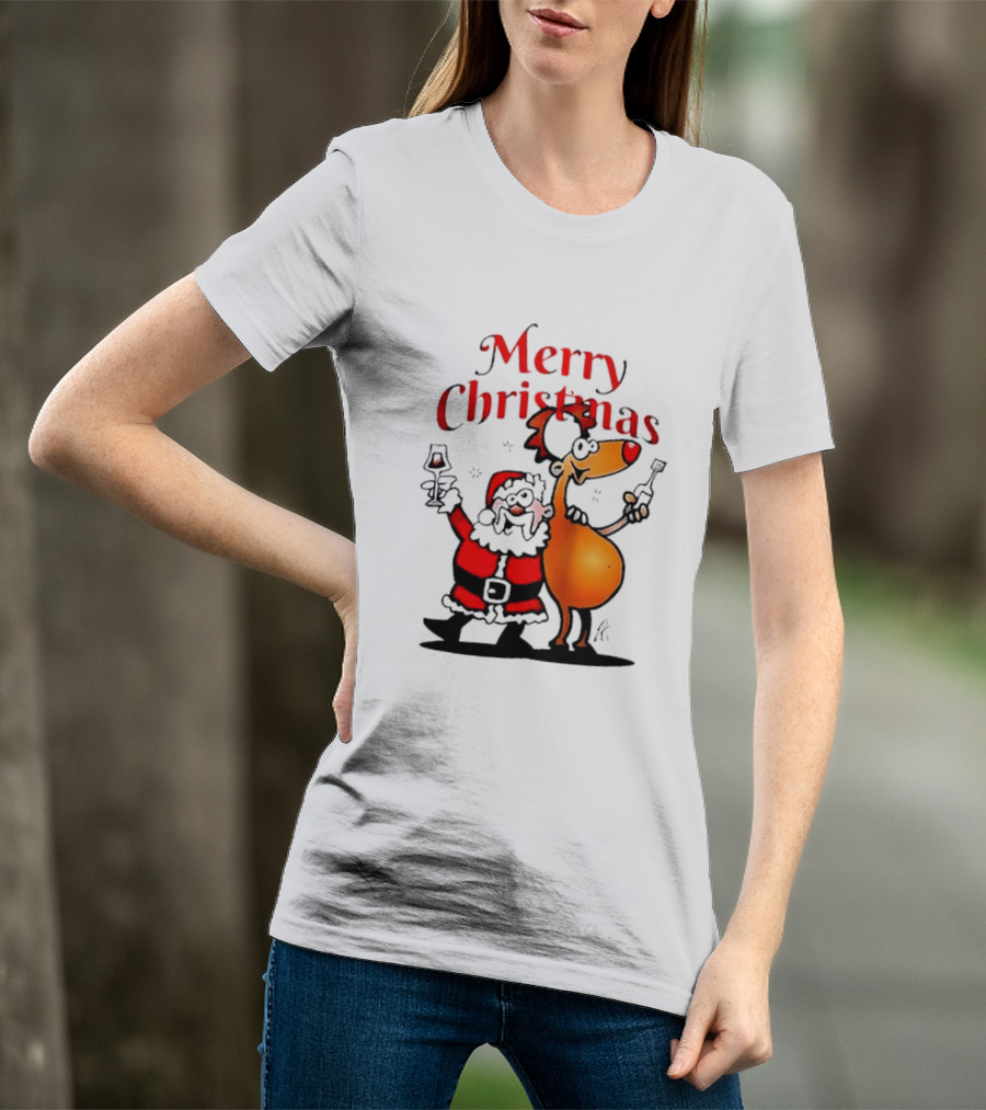 Merry Christmas Santa Claus And Reindeer Toast With Drinks T-Shirt