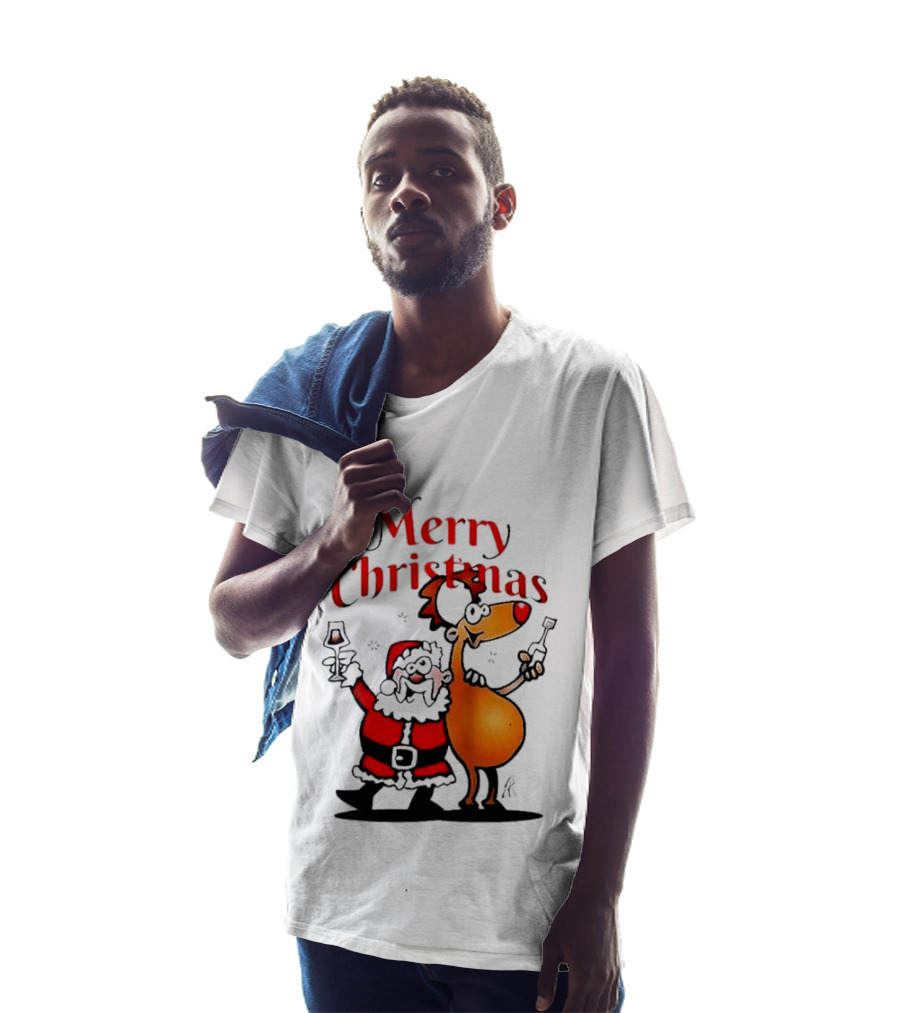 Merry Christmas Santa Claus And Reindeer Toast With Drinks T-Shirt