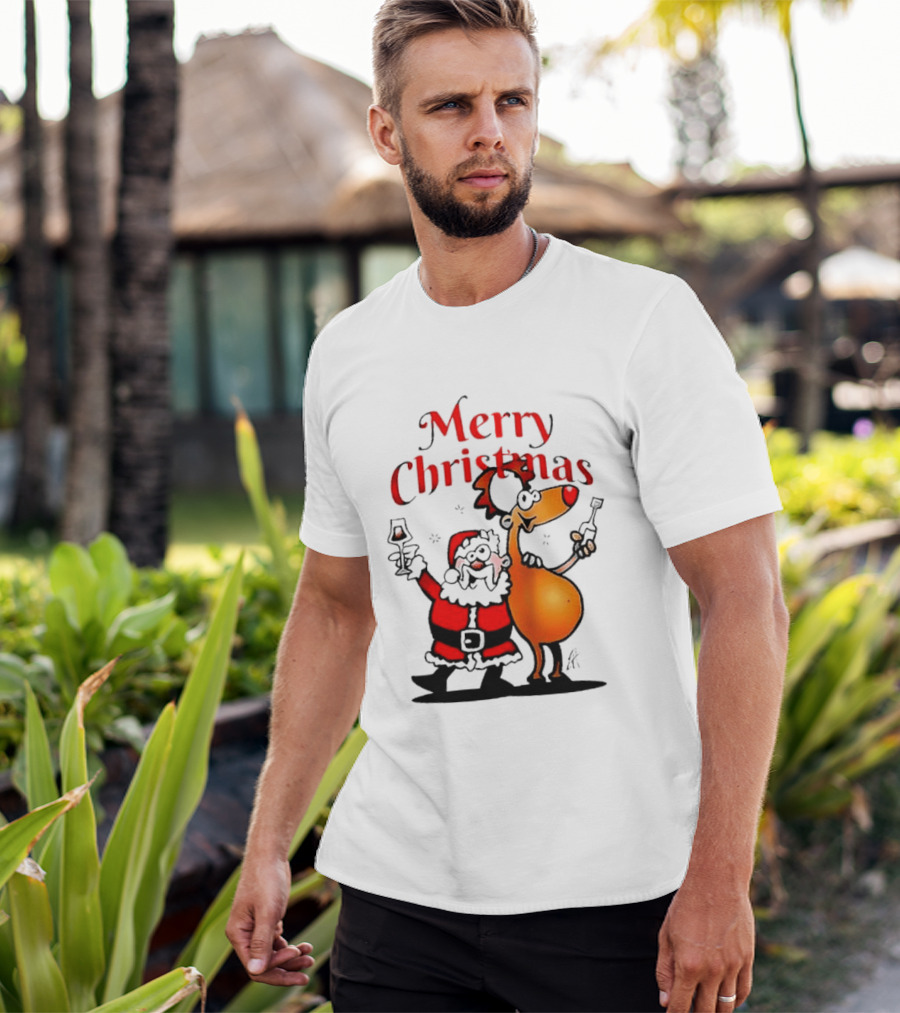Merry Christmas Santa Claus And Reindeer Toast With Drinks T-Shirt