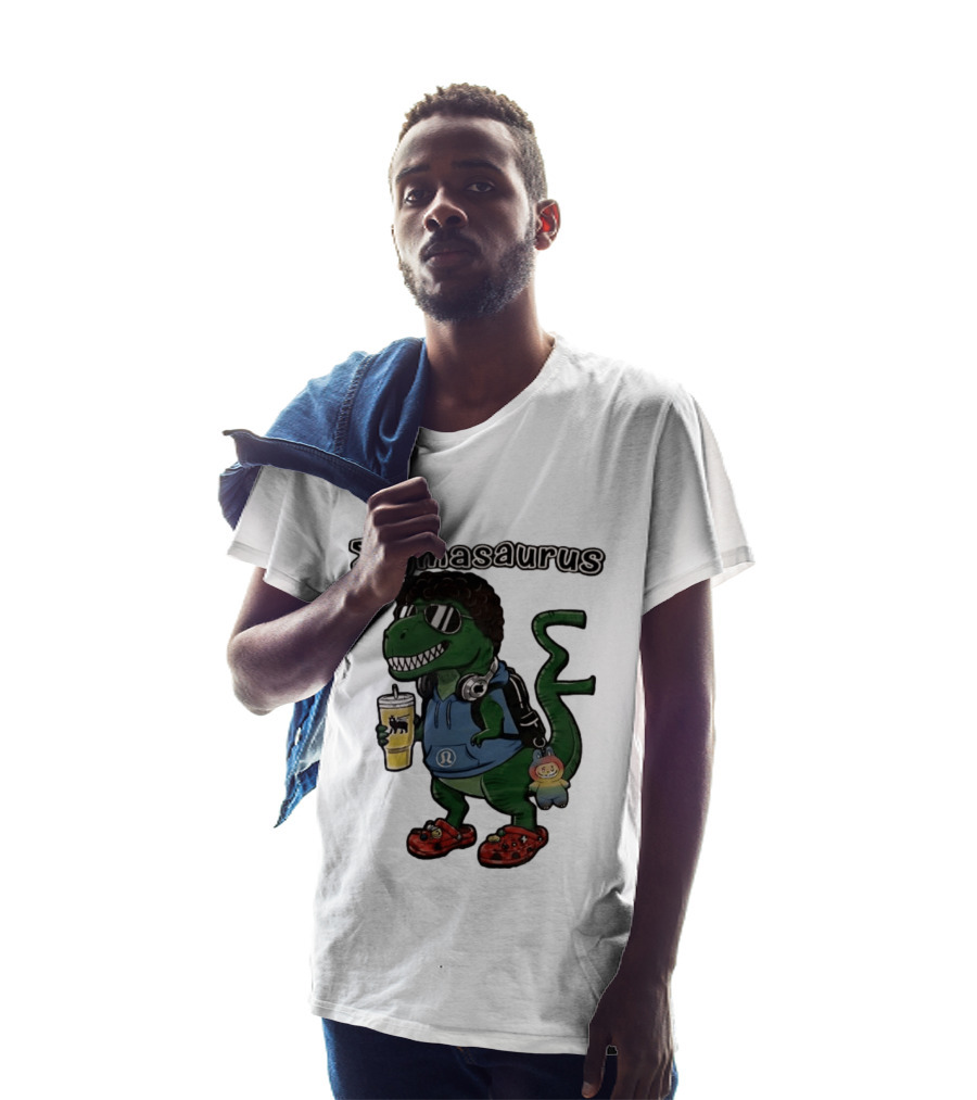 Sigmasaurus Rex Dinosaur Meme With Afro Sunglasses Headphones And Drink T-Shirt