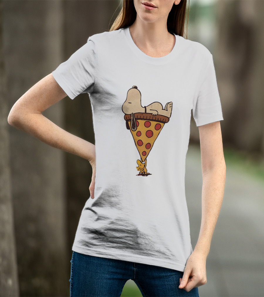 Snoopy Relaxing On Giant Pizza Slice With Woodstock Peanuts Collection T-Shirt