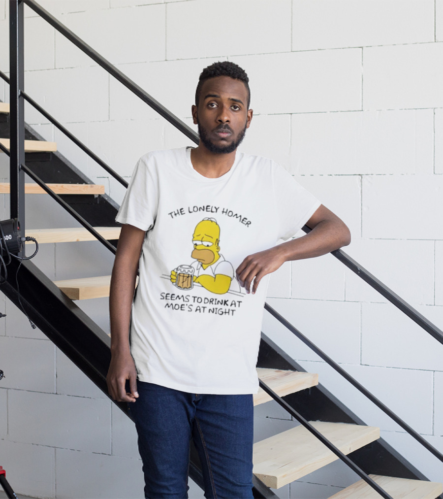 The Lonely Homer Drinking At Moe's Tavern Mood Nighttime Scene T-Shirt