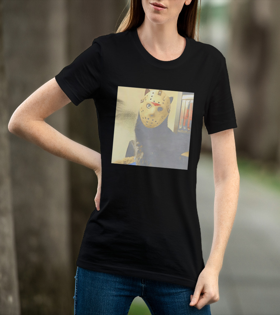Black Cat In Horror Movie Jason Voorhees Mask T-Shirt