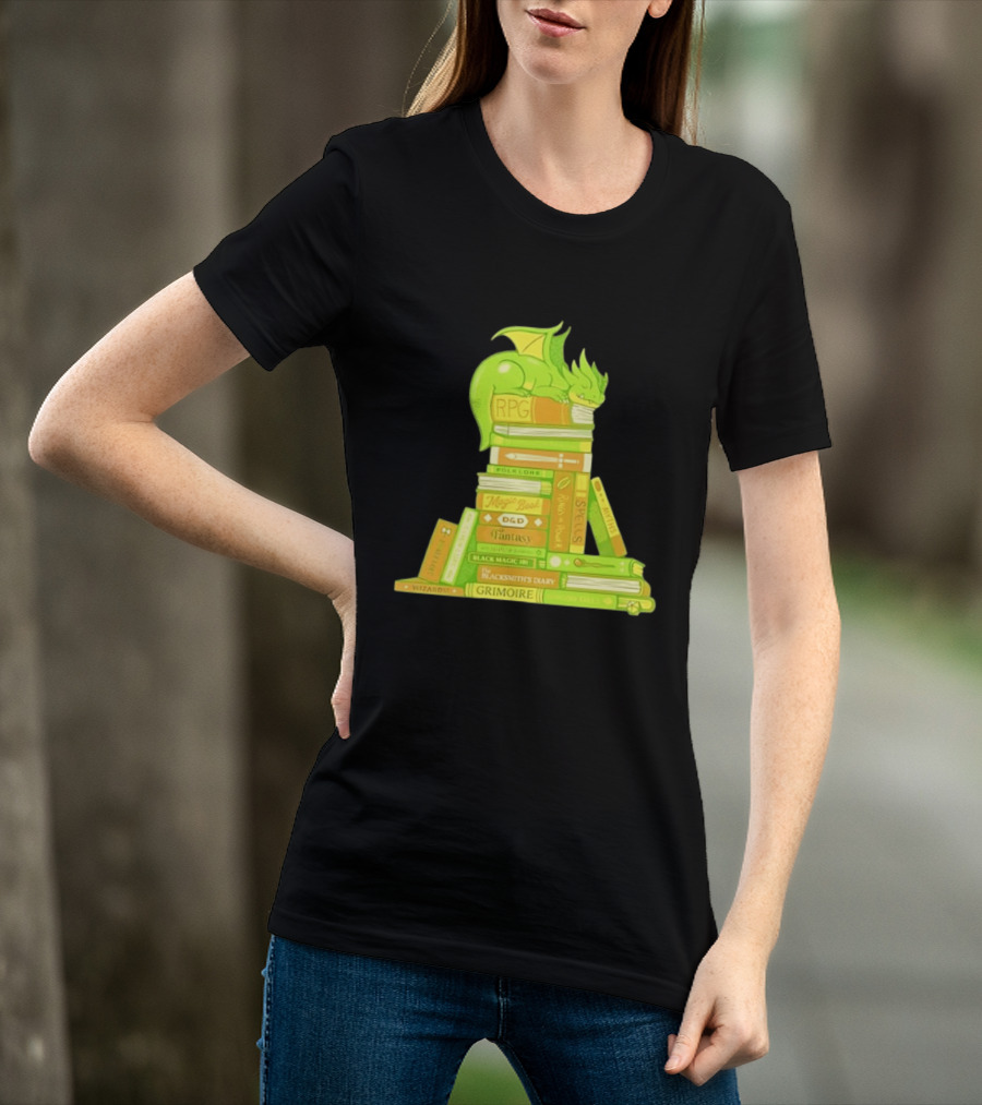 Sleeping Dragon On RPG Fantasy Magic Book Stack Grimoire Wizardry Tales T-Shirt