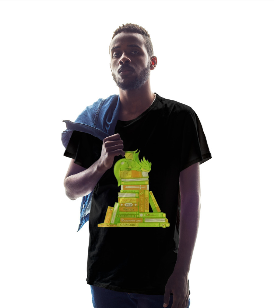 Sleeping Dragon On RPG Fantasy Magic Book Stack Grimoire Wizardry Tales T-Shirt