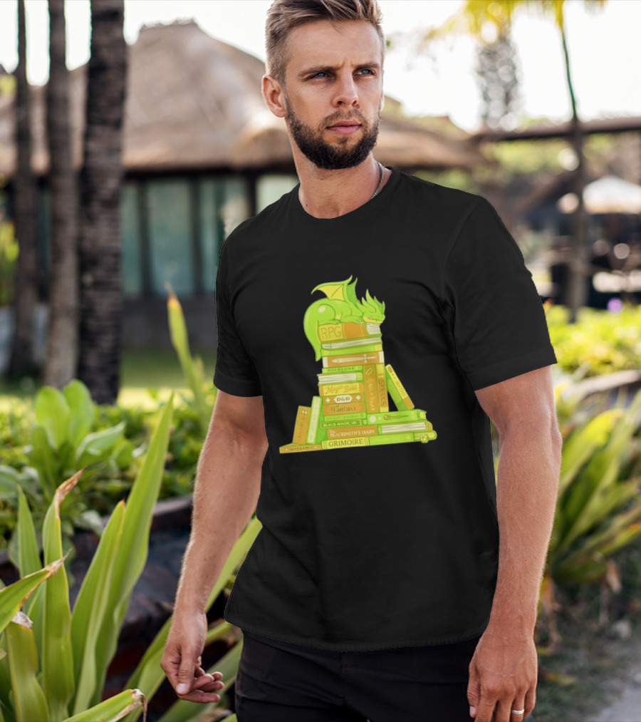 Sleeping Dragon On RPG Fantasy Magic Book Stack Grimoire Wizardry Tales T-Shirt