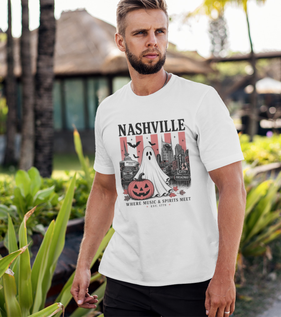 Nashville Halloween Ghost Music Spirits Skyline Pumpkin Bats T-Shirt