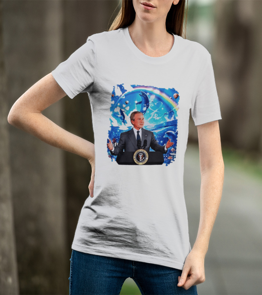 George W Bush Dolphins Coexist Peacefully With Rainbow And Ocean Scene T-Shirt