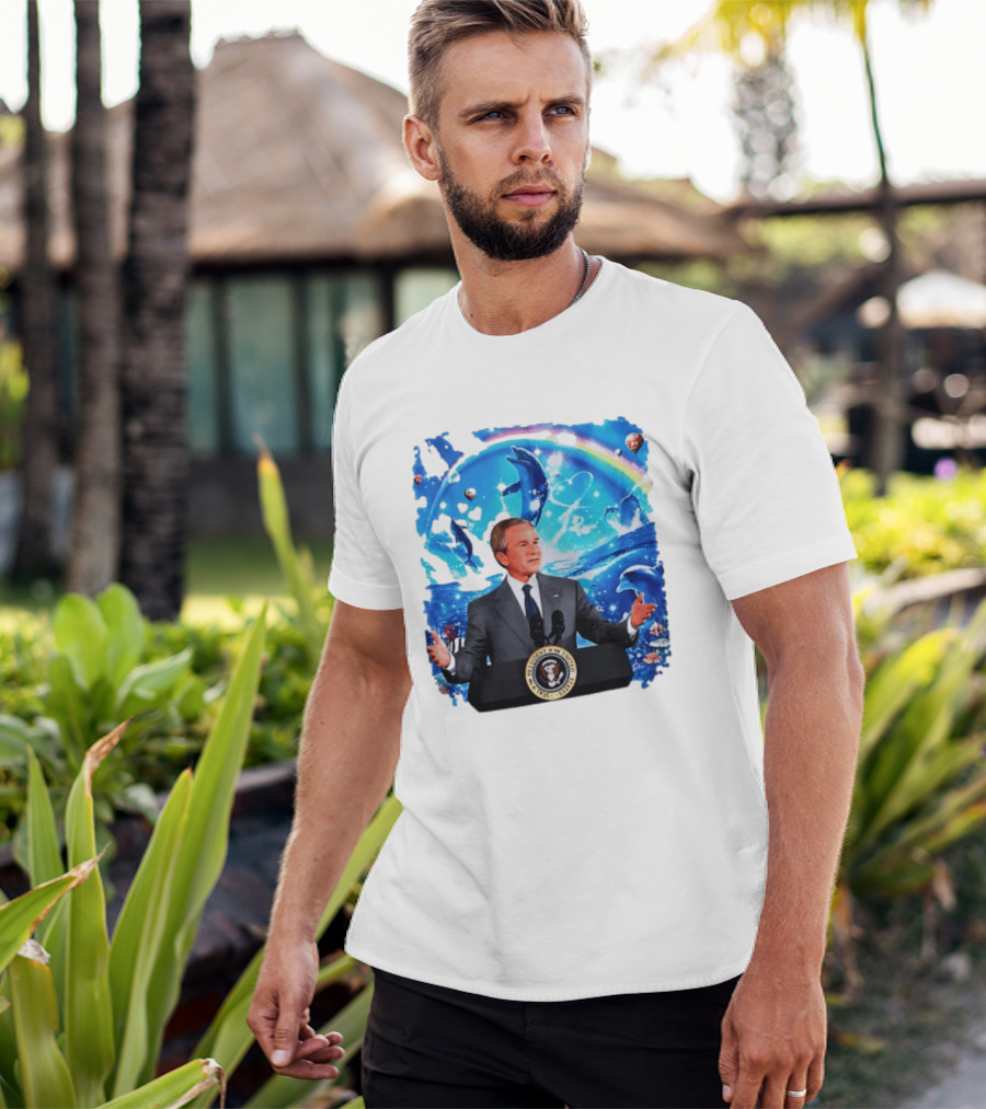 George W Bush Dolphins Coexist Peacefully With Rainbow And Ocean Scene T-Shirt