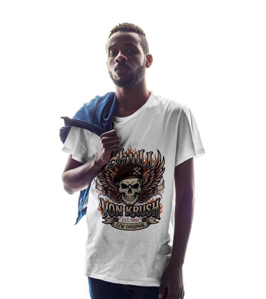 Skull Von Krush SVK Est 1991 ECW Original Flame Wings Roses T-Shirt