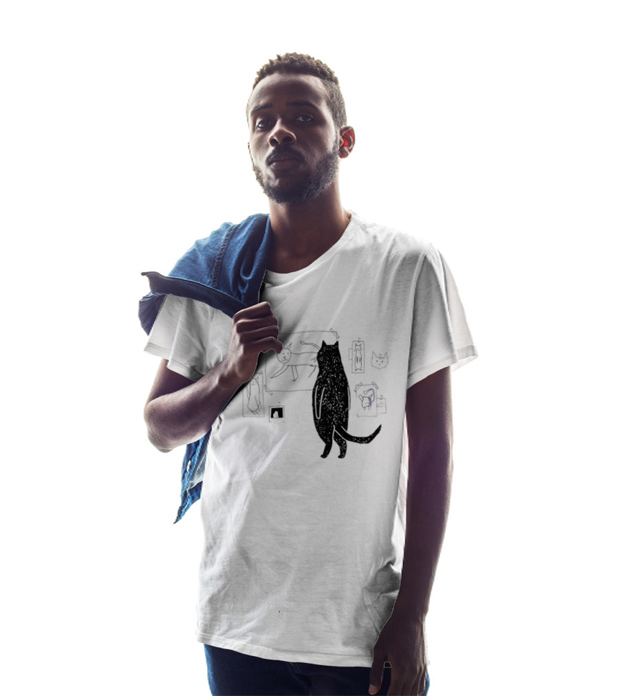 Black Cat Observing Doodle Drawings Of Cats T-Shirt