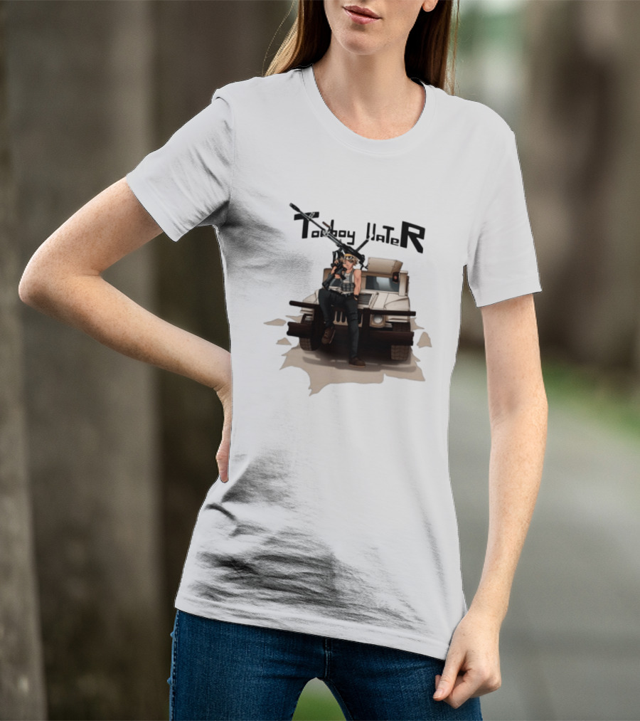 Tomboy Hater Anime Character With Gun And Armored Vehicle T-Shirt