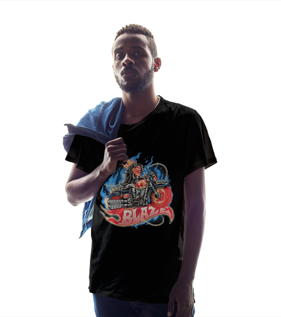 Blaze Flaming Skull Motorcycle Rider Blue Flame T-Shirt