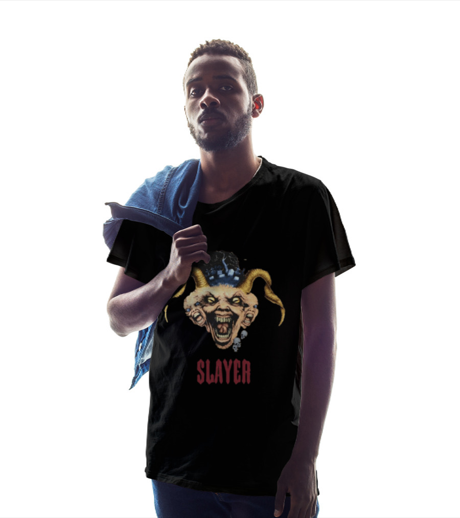 Slayer Triple Demon Head With Horns And Skulls T-Shirt