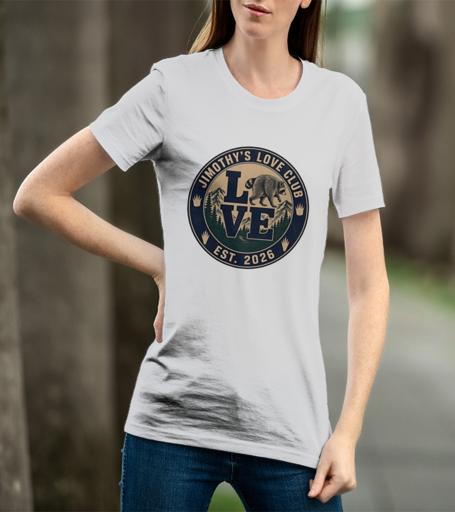 Jimothy's Love Club Raccoon Love Est 2026 Mountain Shield T-Shirt