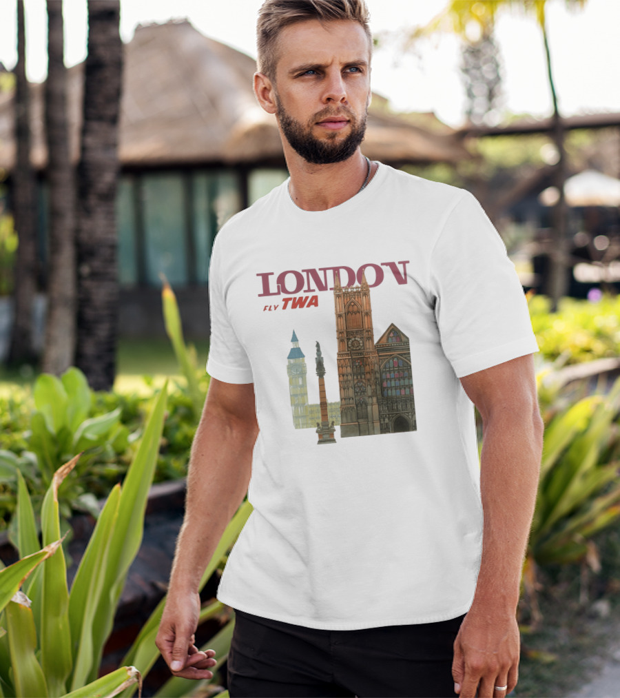 London Fly TWA Travel Big Ben Westminster Abbey Landmark T-Shirt
