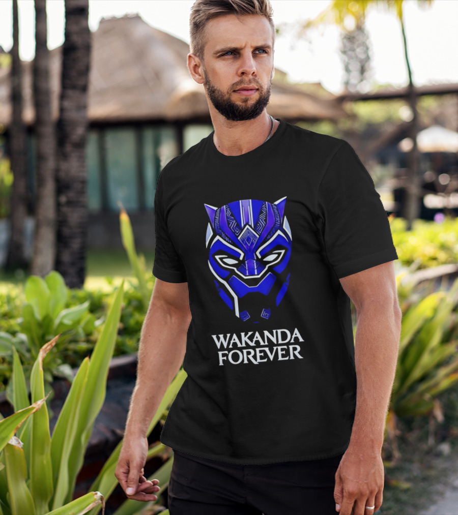 Wakanda Forever Blue Black Panther Mask Marvel T-Shirt