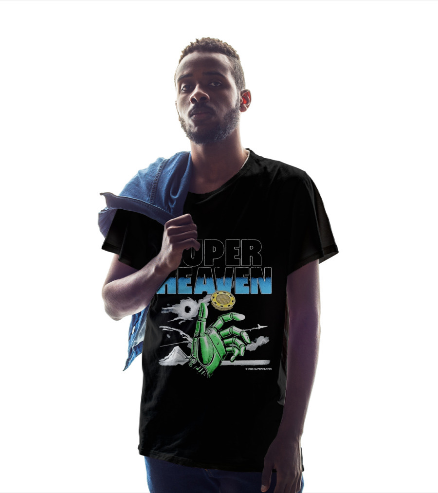 Superheaven Robotic Hand Space Adventure Coin And Mountain Scene T-Shirt