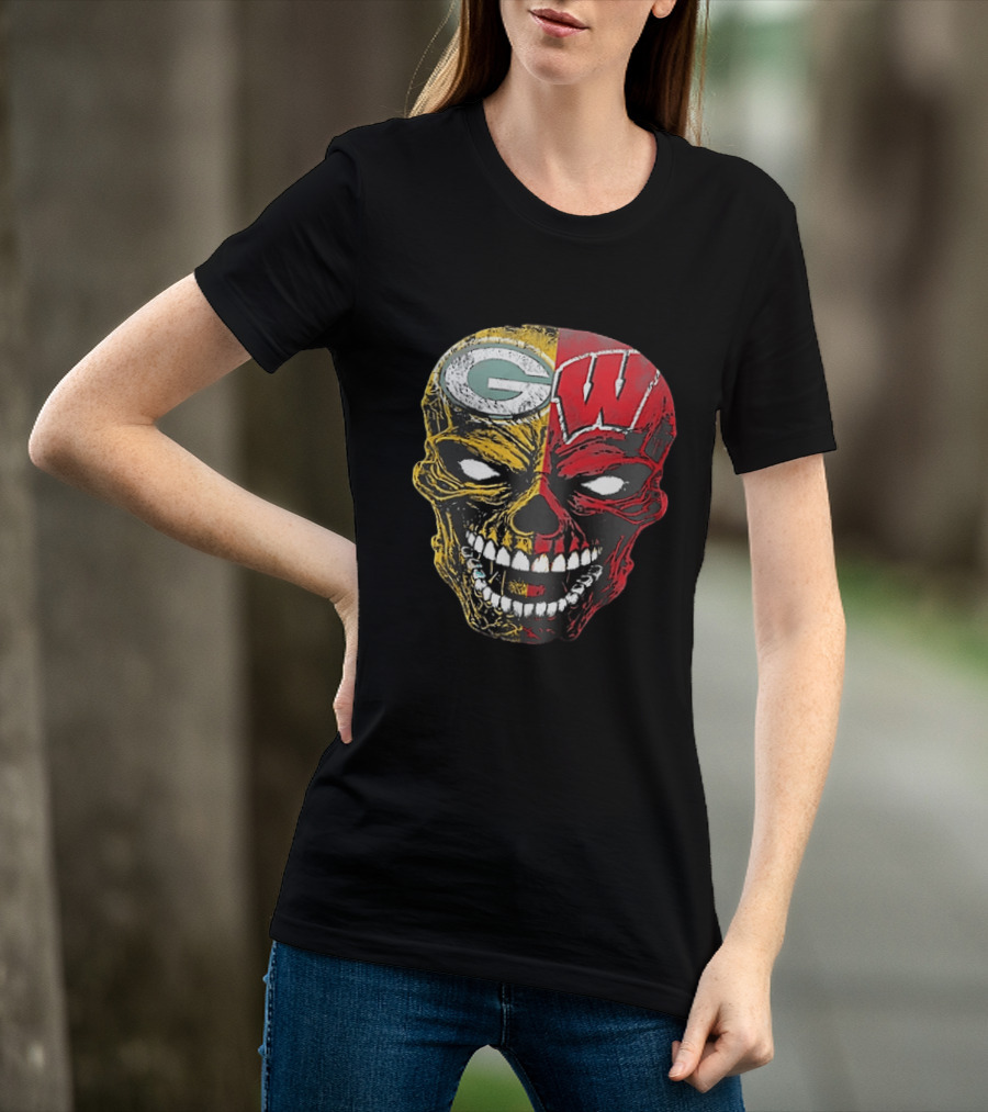 Wisconsin Green Bay Packers Badgers G W Skull Black T-Shirt