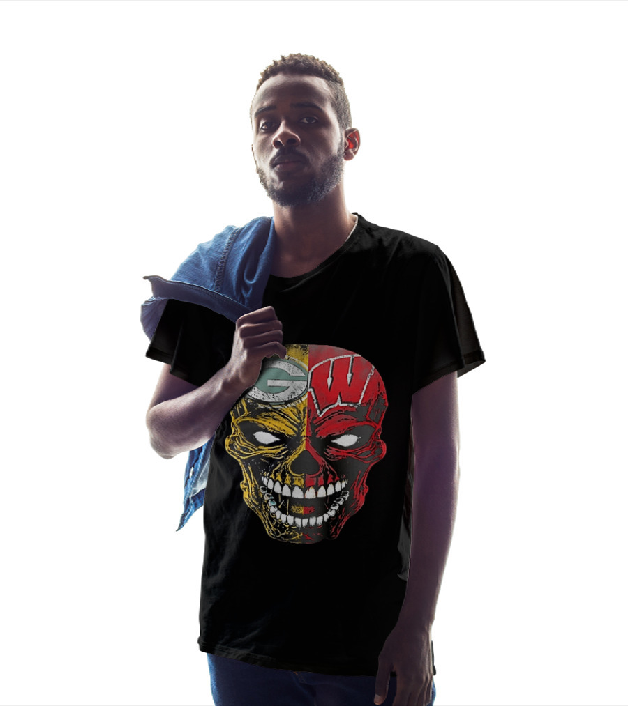 Wisconsin Green Bay Packers Badgers G W Skull Black T-Shirt