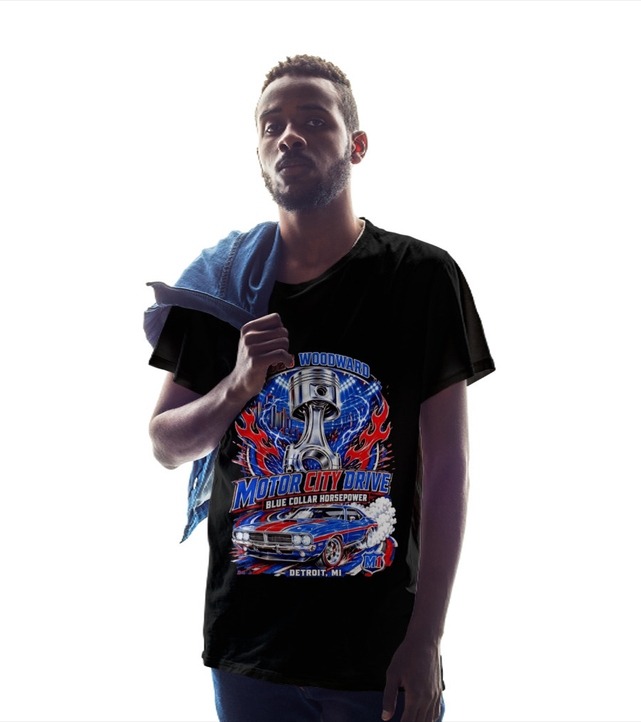2026 Woodward Motor City Drive Blue Collar Horsepower Detroit MI M1 T-Shirt