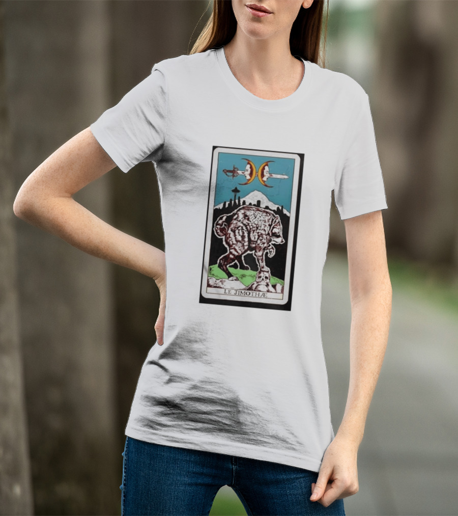 Le Jimothae Raccoon Tarot Seattle Skyline Moon Swords T-Shirt