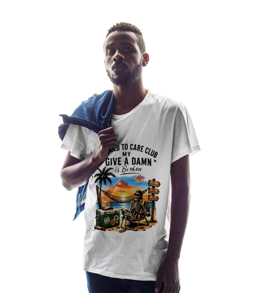 Too Old To Care Club My Give A Damn Is Broken Skeleton Relaxing Beach Chair Palm Sunset T-Shirt