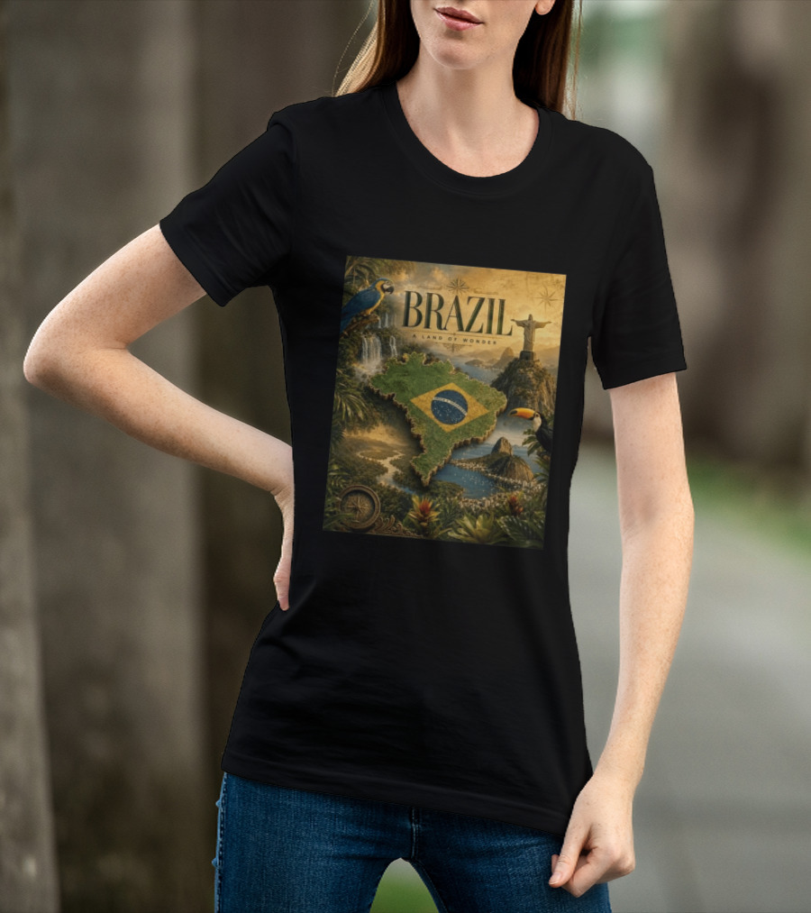 Brazil A Land Of Wonder Ordem E Progresso Christ The Redeemer Amazon Rainforest Toucan Macaw Waterfalls T-Shirt