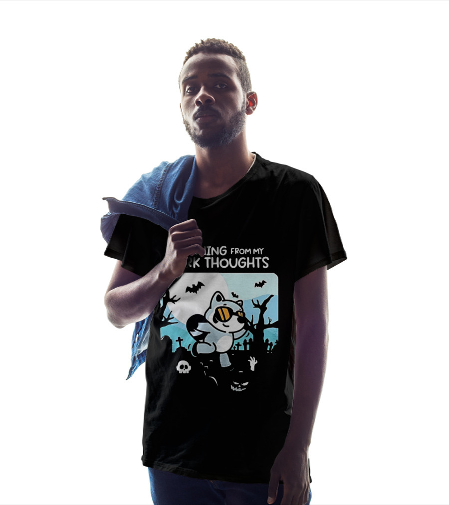 Raccoon Running From My Dark Thoughts Moonlight Bats And Graveyard Scene T-Shirt
